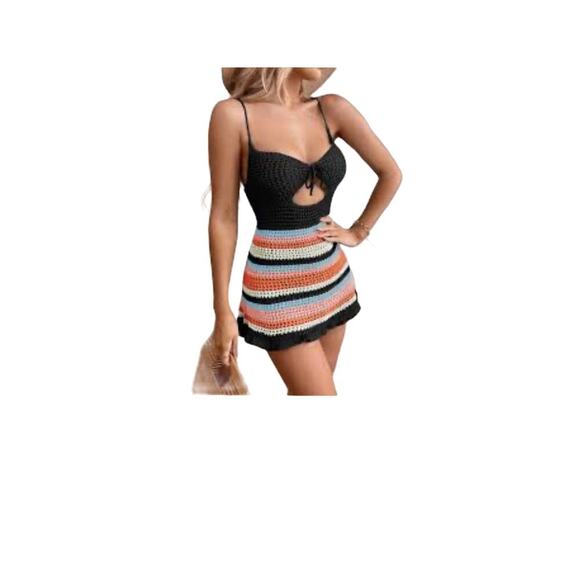 Colorblock Cut Out Lace Up Back Cover Up Dress crochet knit chest cut out SZ SM - Picture 1 of 11